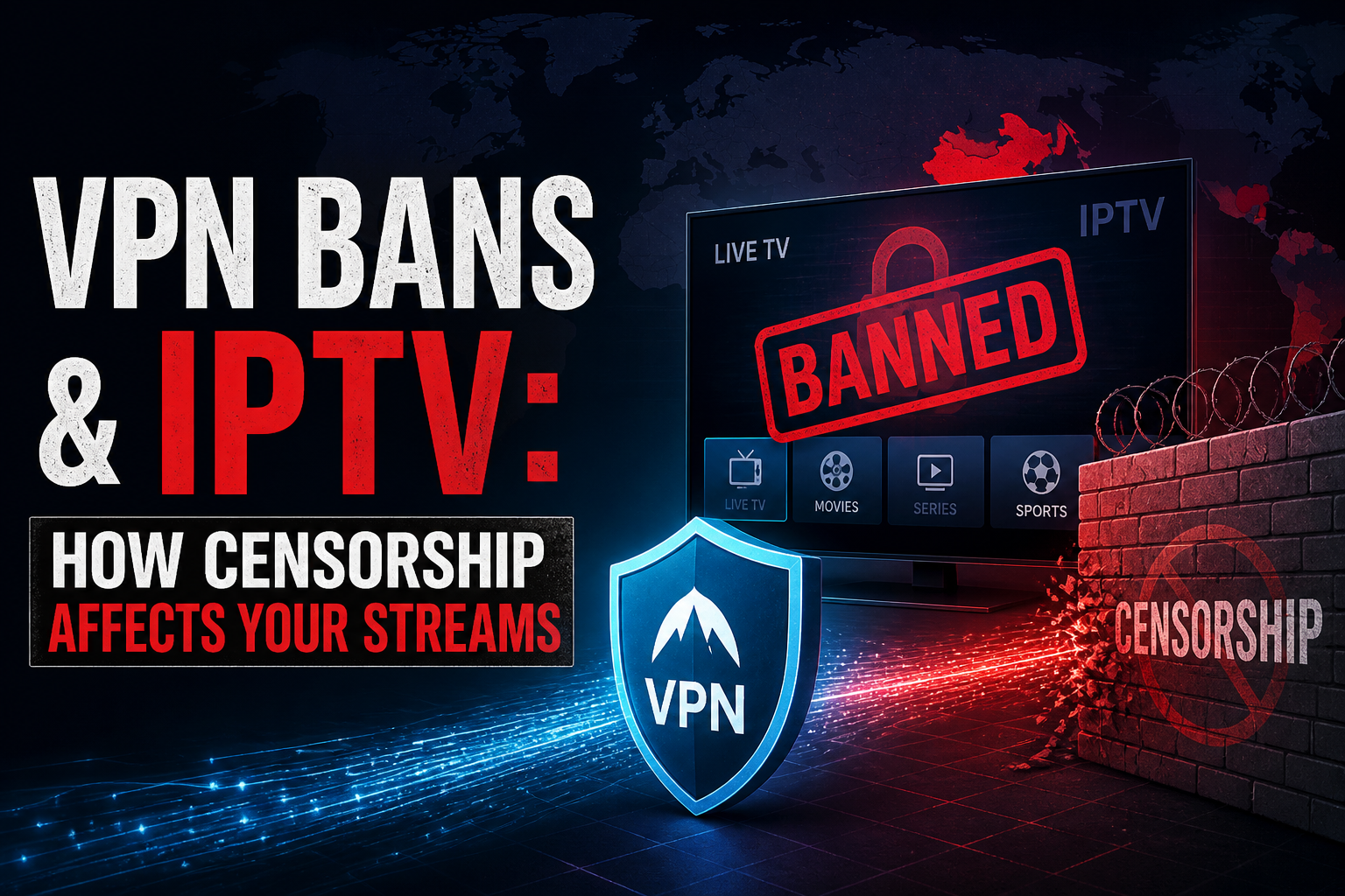 VPN bans impact on IPTV streaming — world map showing censorship and blocked streams