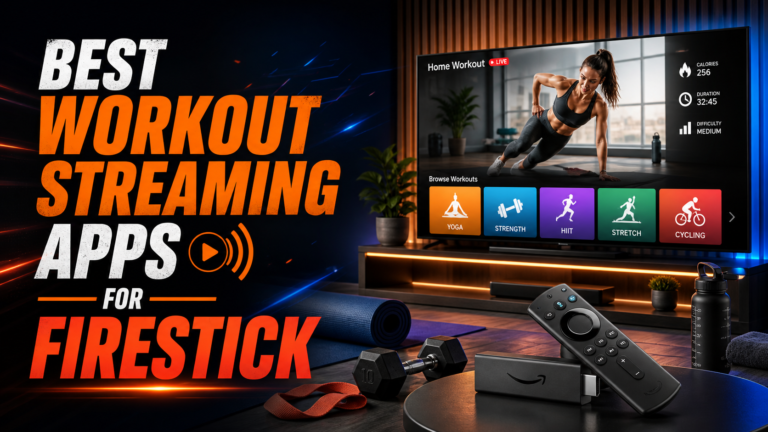 Best workout streaming apps for Firestick displayed on a large TV screen in a home gym setup