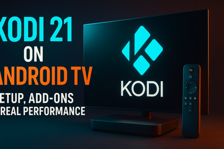 Kodi 21 Android TV setup running on a 4K streaming box with Estuary skin
