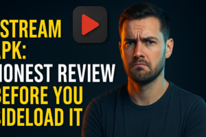 SStream APK review hero image showing the app interface on a Firestick 4K Max