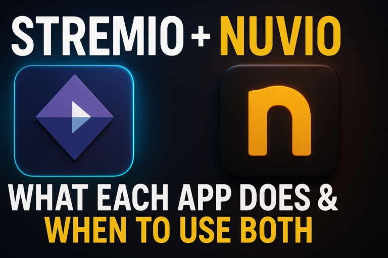 Stremio and Nuvio streaming setup shown on a TV and Android device side by side