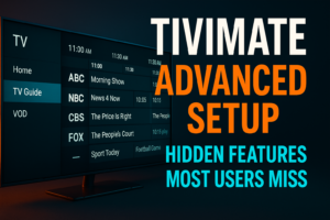 TiviMate advanced settings and features menu open on an Android TV streaming device