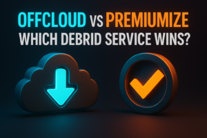 OffCloud vs Premiumize debrid service comparison hero image showing both service logos