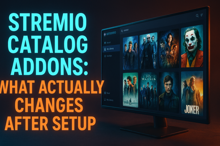 Stremio catalog addons setup showing home screen rows before and after installing addons