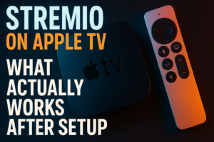 Stremio on Apple TV interface shown on a 4K television with addon catalog loaded
