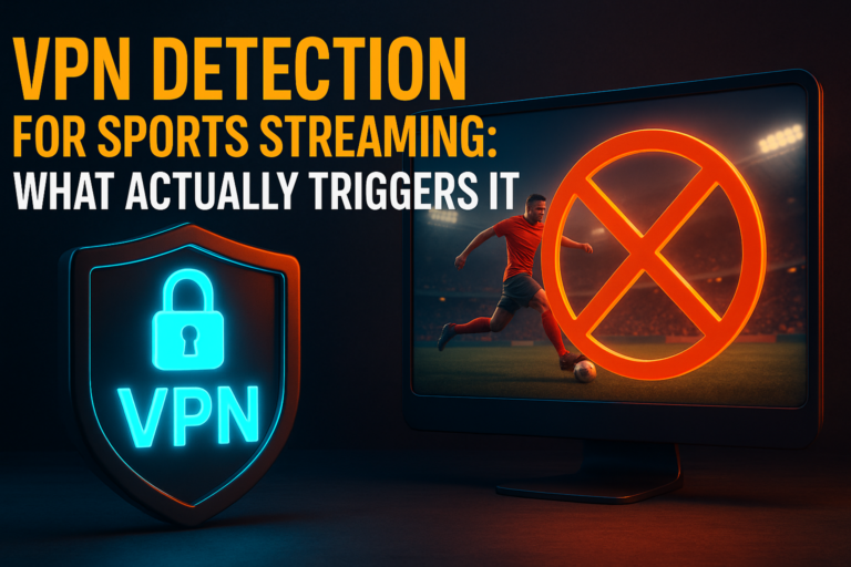 Diagram showing how streaming services detect VPNs using IP checks and traffic analysis