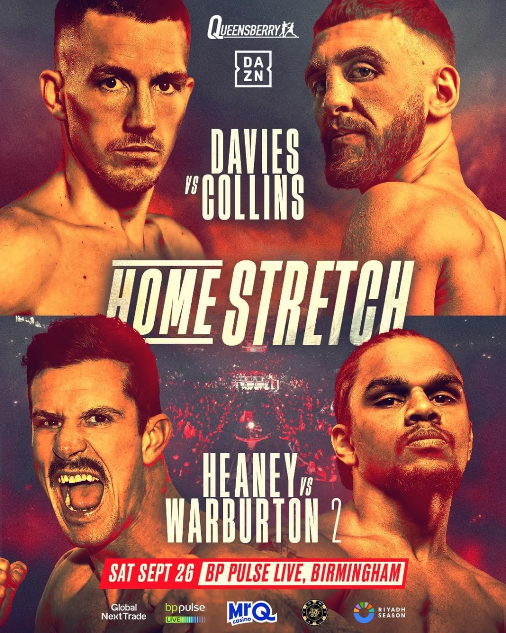Davies v Collins live stream schedule graphic showing prelims and main event times