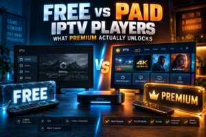 Free vs paid IPTV player comparison on a TV screen with streaming sticks and a remote