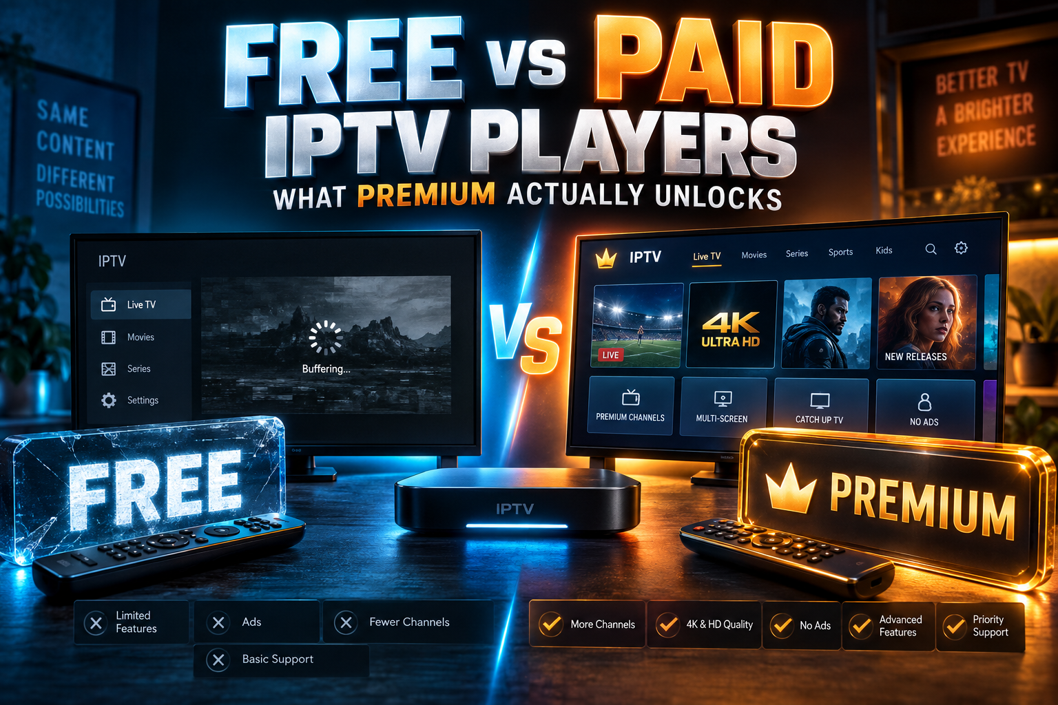 Free vs paid IPTV player comparison on a TV screen with streaming sticks and a remote