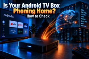 Android TV box phoning home: streaming box beside a router with a network traffic dashboard