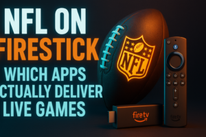 Best apps to watch NFL on Firestick shown on a Fire TV home screen with live game stream