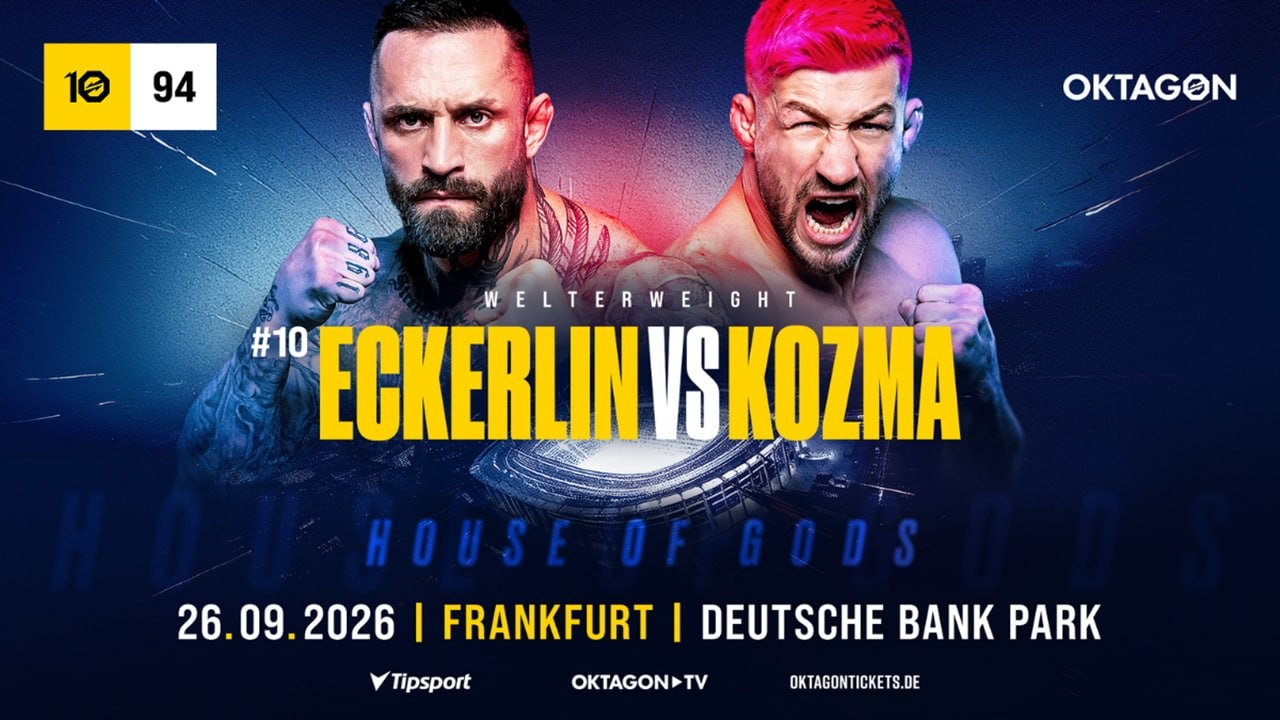 Oktagon 94 live stream promo graphic for the Eckerlin vs Kozma MMA headline bout