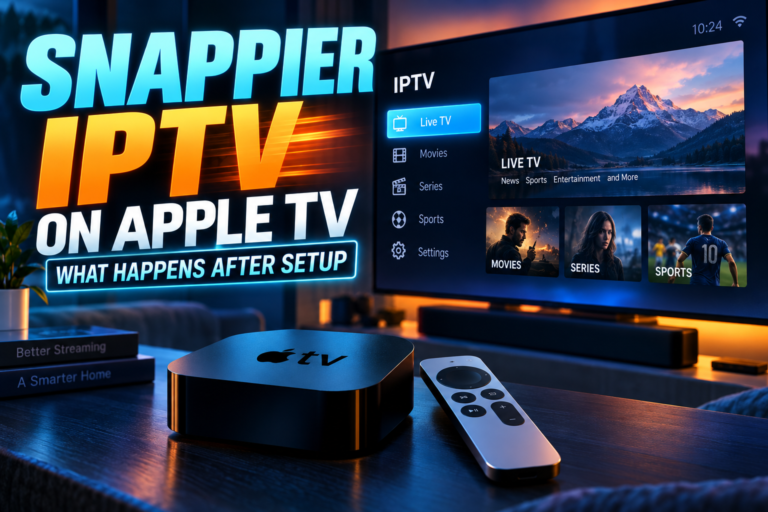 Snappier IPTV Apple TV app showing a channel list on a TV screen beside a Siri Remote