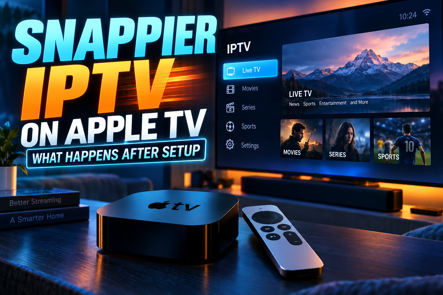 Snappier IPTV Apple TV app showing a channel list on a TV screen beside a Siri Remote