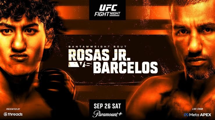 Rosas Jr vs Barcelos UFC Fight Night live stream promo graphic featuring the Octagon